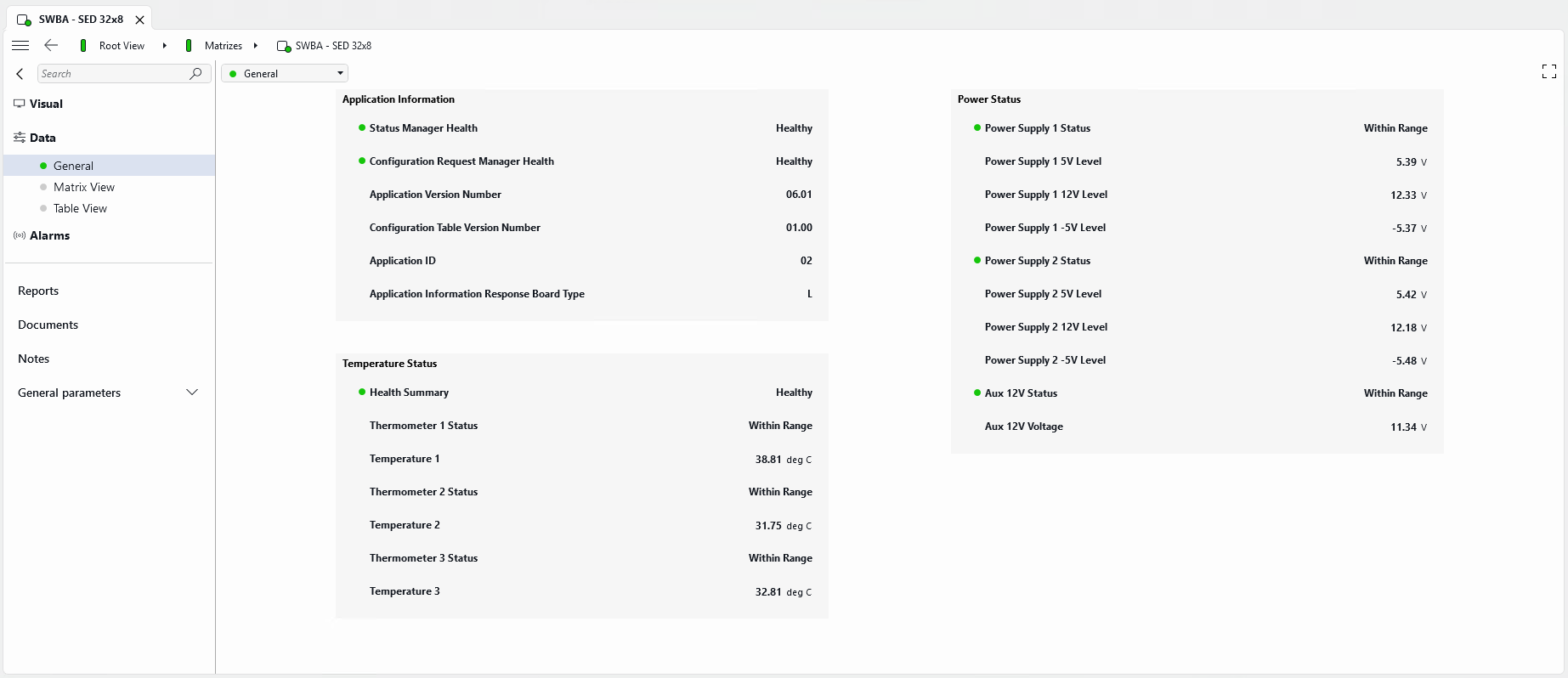 Page with temperature and power status information