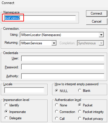 WBEMTEST Connect Page