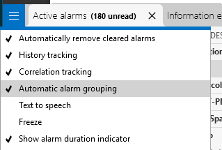 Automatic alarm grouping option in Alarm Console hamburger menu