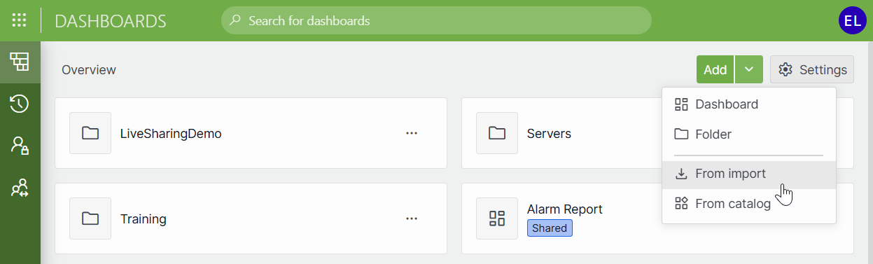 Add dashboard from import (details pane)