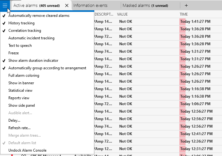 Alarm Console settings menu