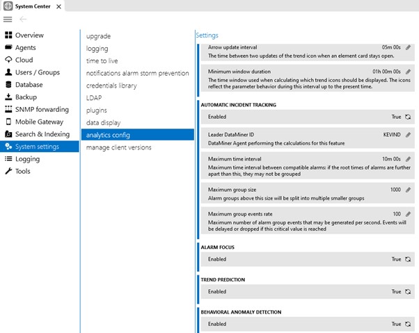 System Center analytics config page