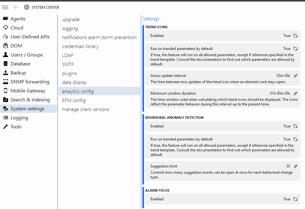 System Center analytics config page