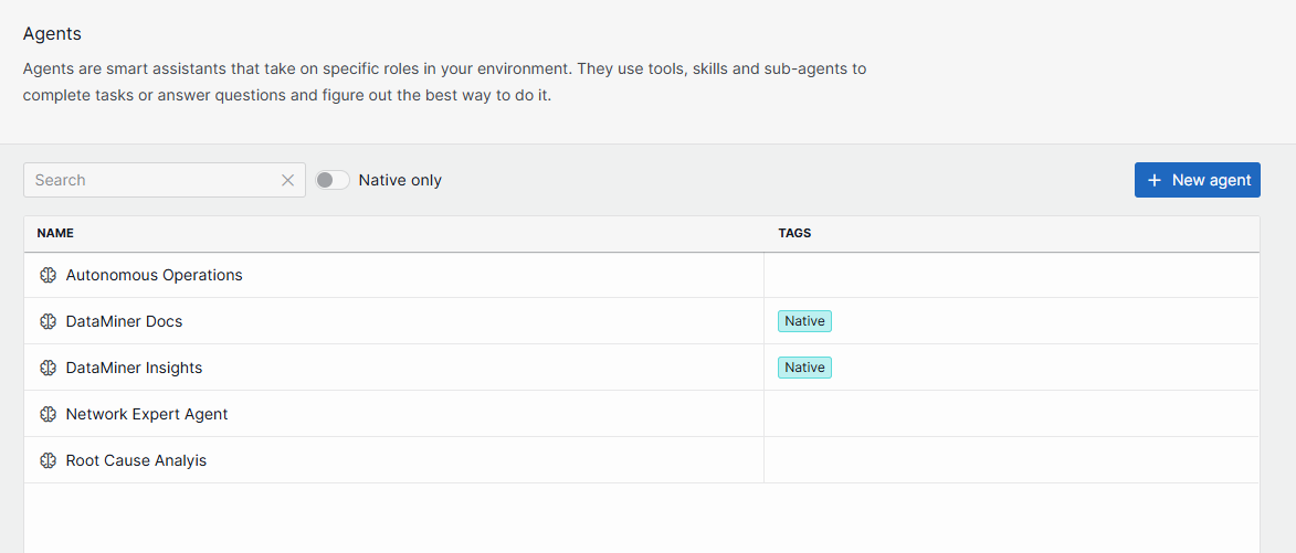 Agents overview showing native and specialized agents. Native agents are marked with a "Native" tag.