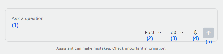 Assistant chat component UI showing question input, response mode selector, AI model selector, microphone, and send button