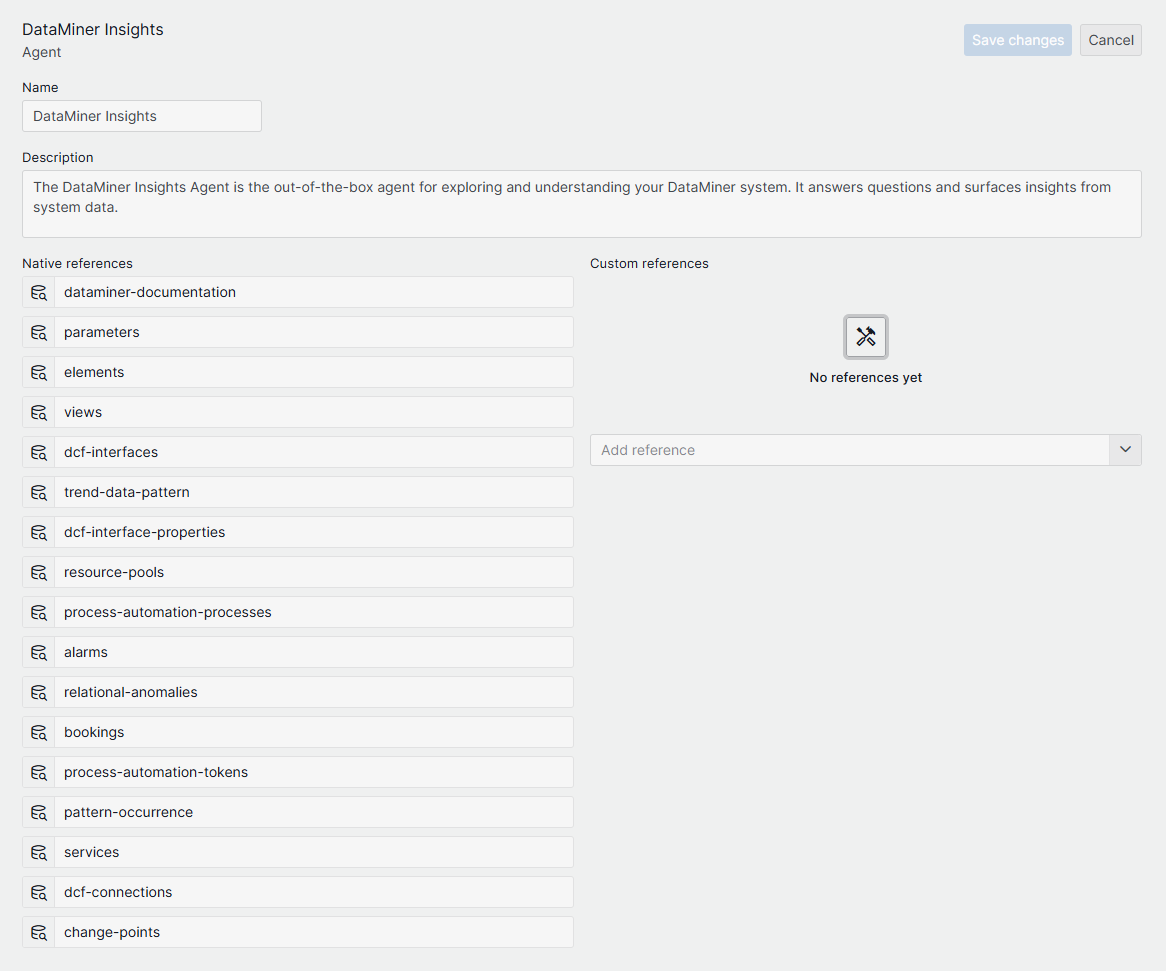 DataMiner Insights agent in the Assistant app, showing native references and an empty custom references panel