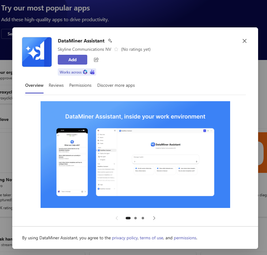 Pop-up window to add DataMiner Assistant in Microsoft Teams