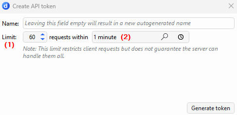 Create API token pop-up window