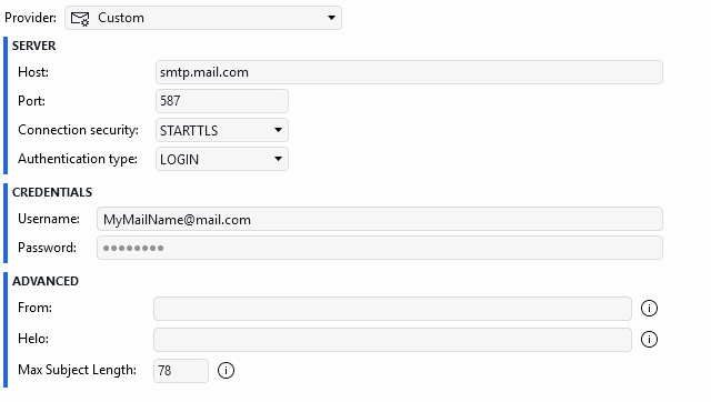 Example of SMTP server configuration in DataMiner Cube