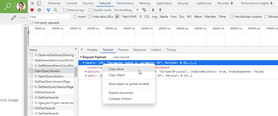 Developer tools Network tab
