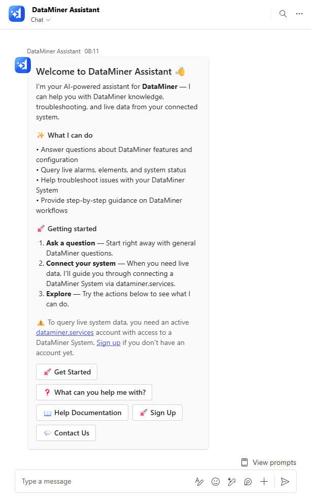 Welcome screen of the DataMiner Assistant agent in Microsoft Teams