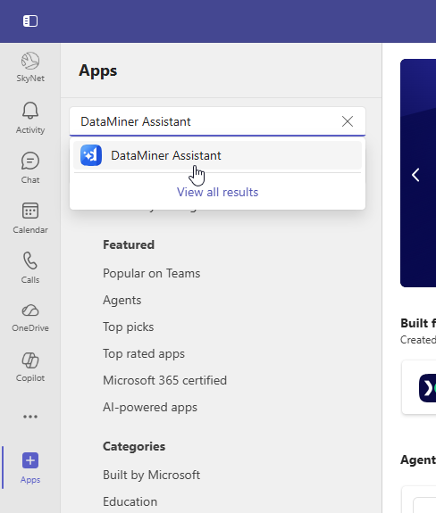 Looking up DataMiner Assistant in Microsoft Teams