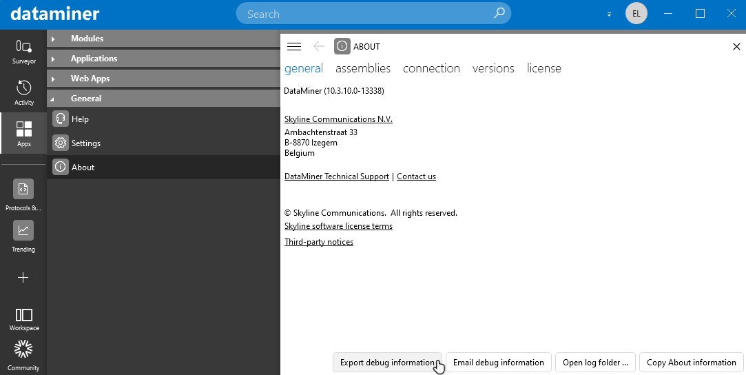Export debug information