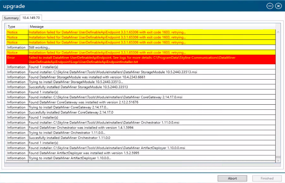 DataMiner upgrade failed window