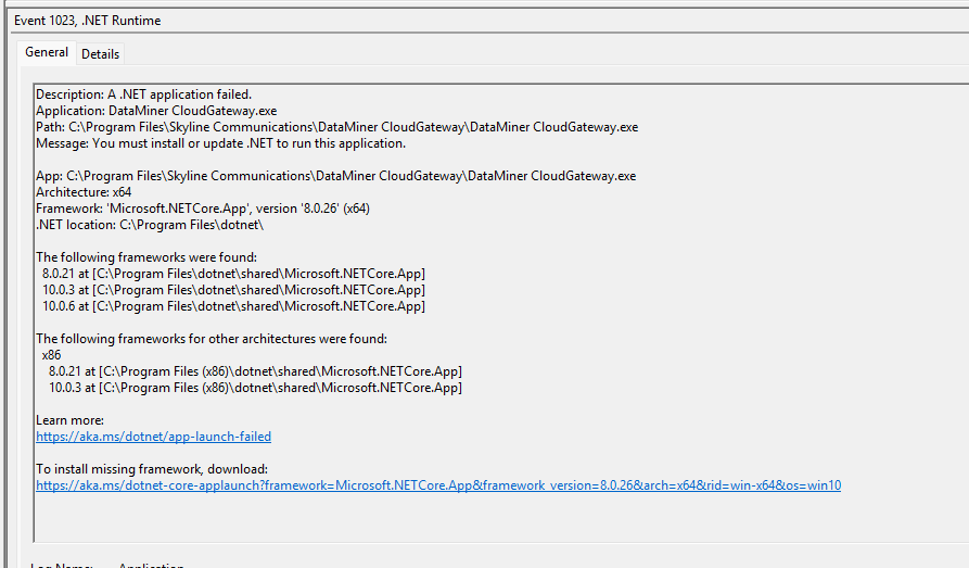 Windows Event Viewer showing a .NET Runtime event