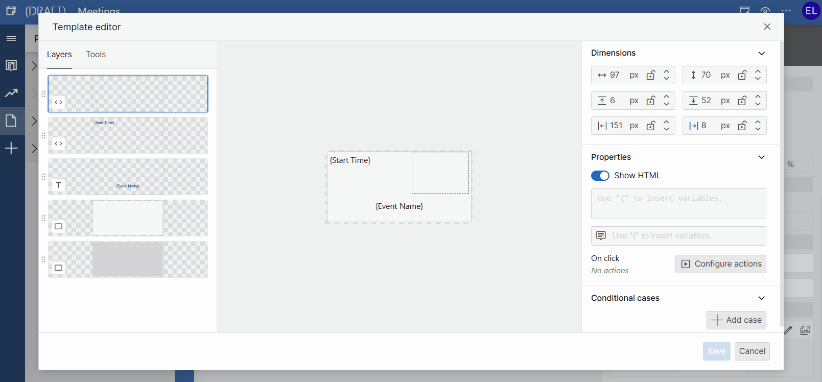 Example of entering a column name between curly brackets to display the end time of a meeting
