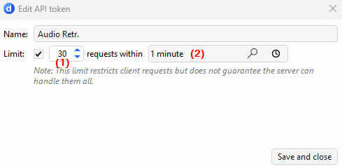 Edit API token pop-up window