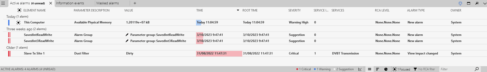 Suggestion events tab in the alarm console showing the anomalies on 'Encryption Key Requests'