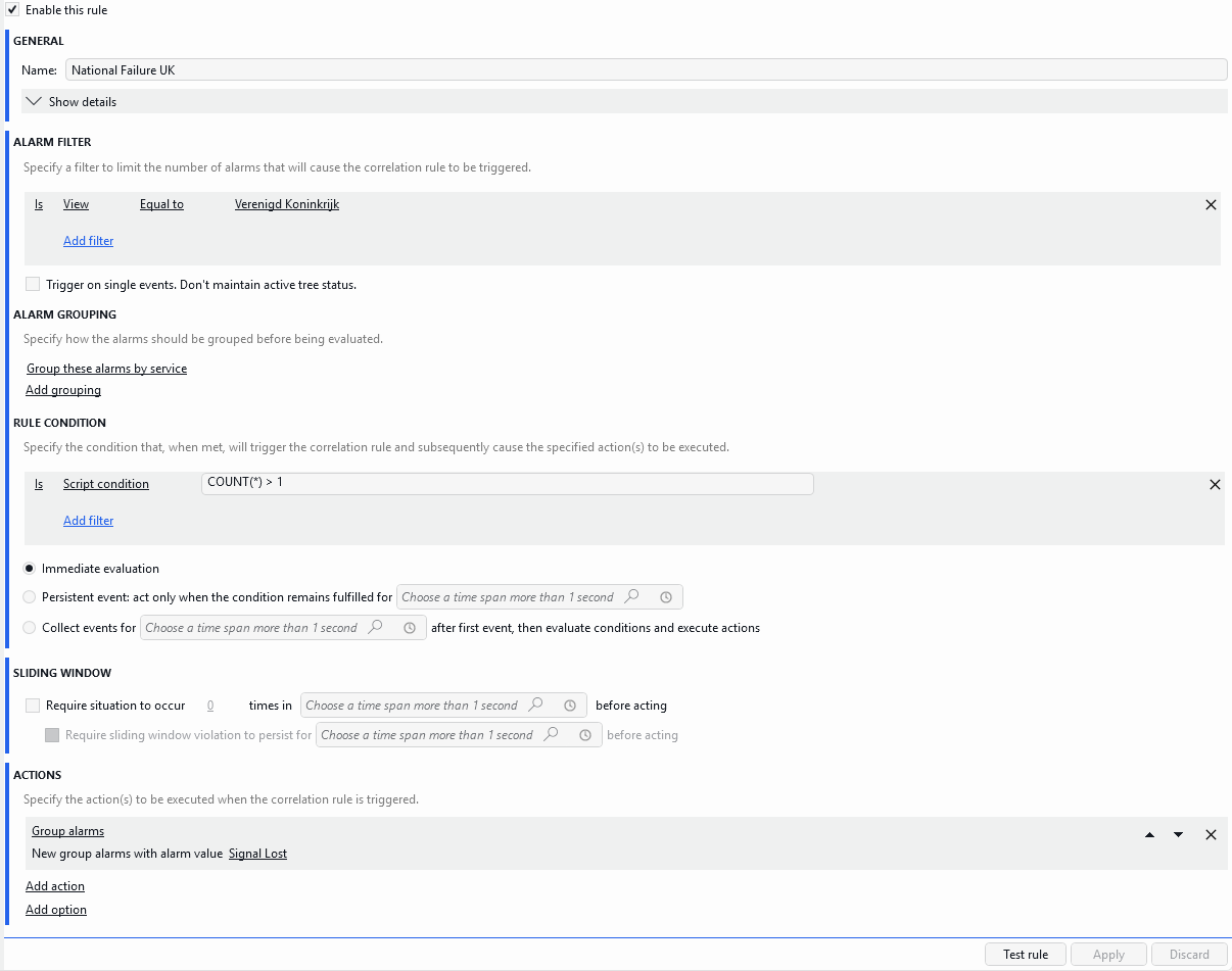 Correlation rule configured with the Group alarms rule action