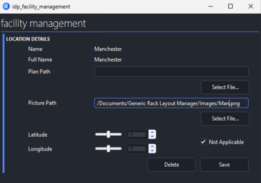 Facility management pop-up window with "Picture Path" field filled in