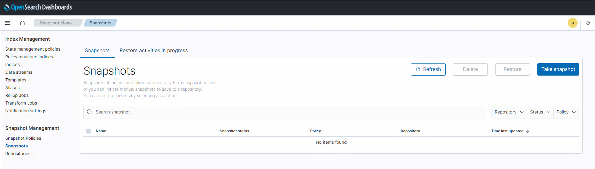 OpenSearch Dashboards - Snapshot Overview