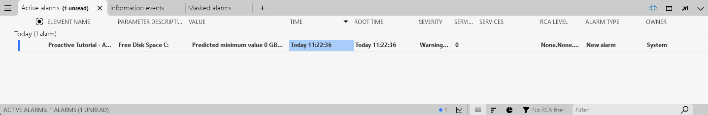 Predicted alarm with severity warning for Free Disk Space on AMS Server