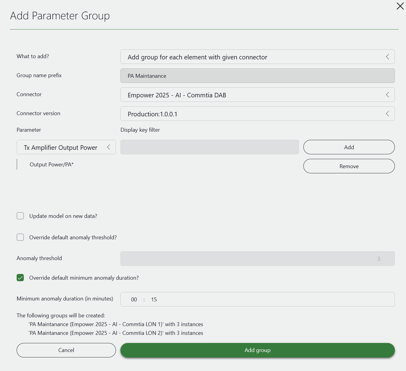 Adding groups for each element with a given connector