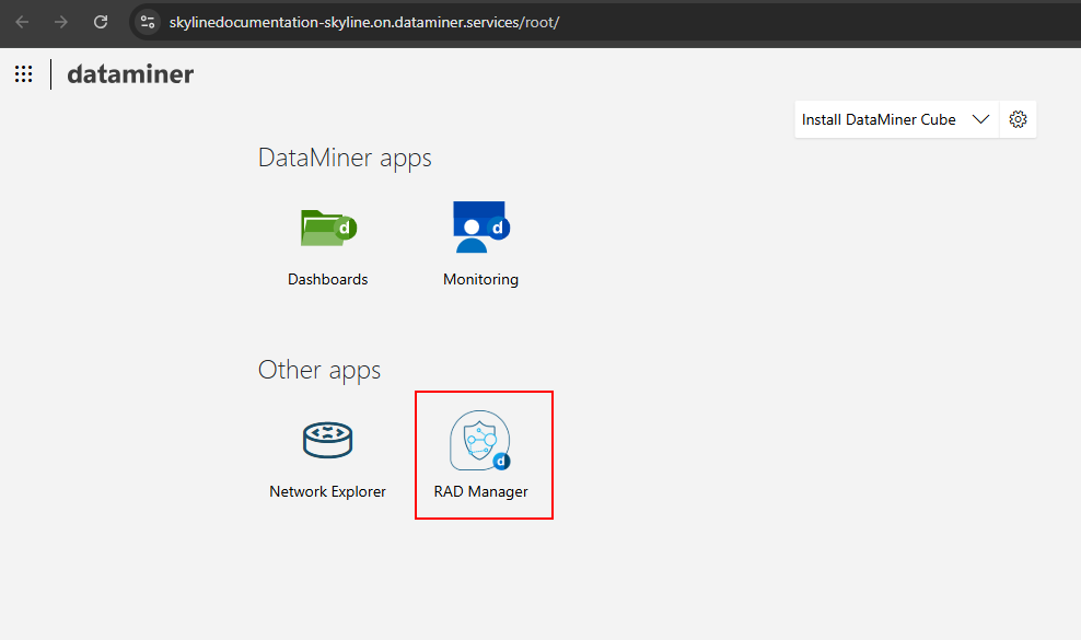 RAD Manager icon on the root page