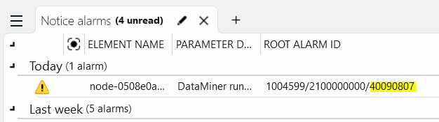 Example of alarm ID to copy from the Alarm Console