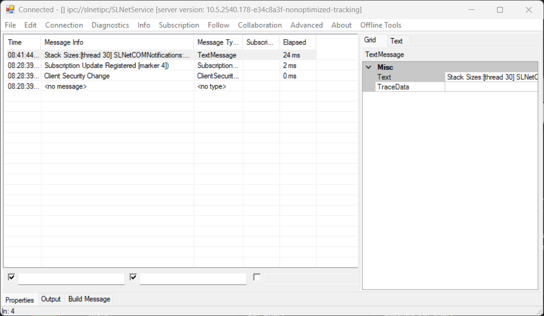 SLNetClientTest tool Properties tab