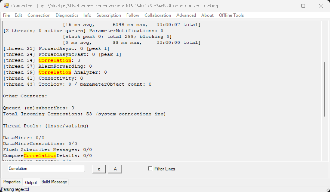 SLNetClientTest tool Output tab