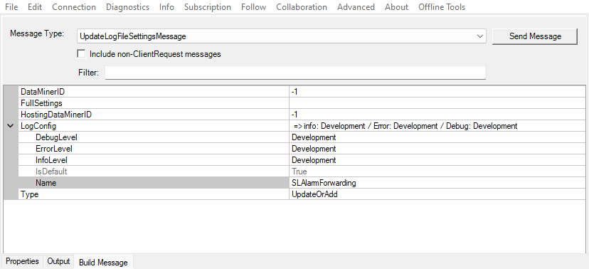 UpdateLogFileSettingsMessage configuration in SLNetClientTest tool