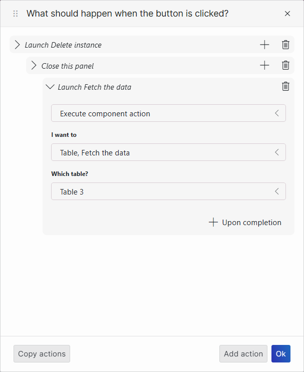 Actions configured on the "Delete" button