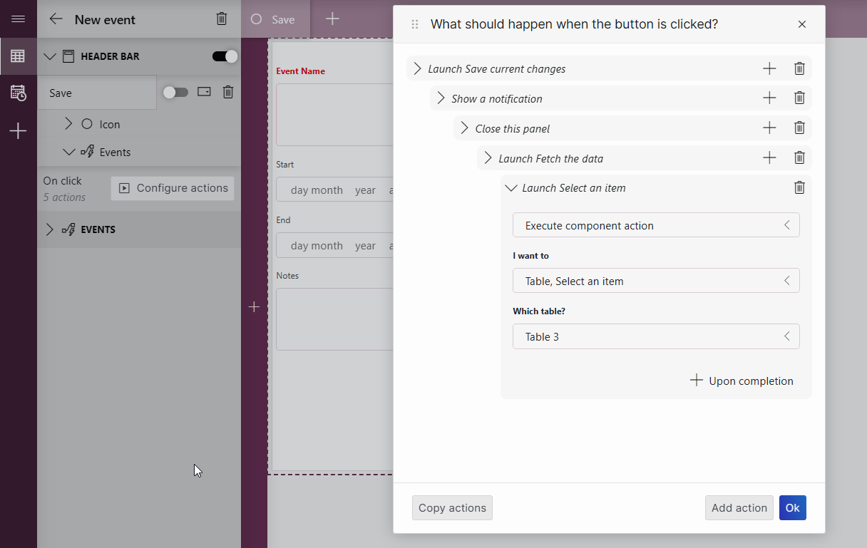 Actions configured on the "Save" button