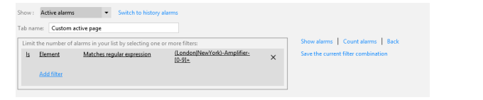 Example of alarm filter with regular expression