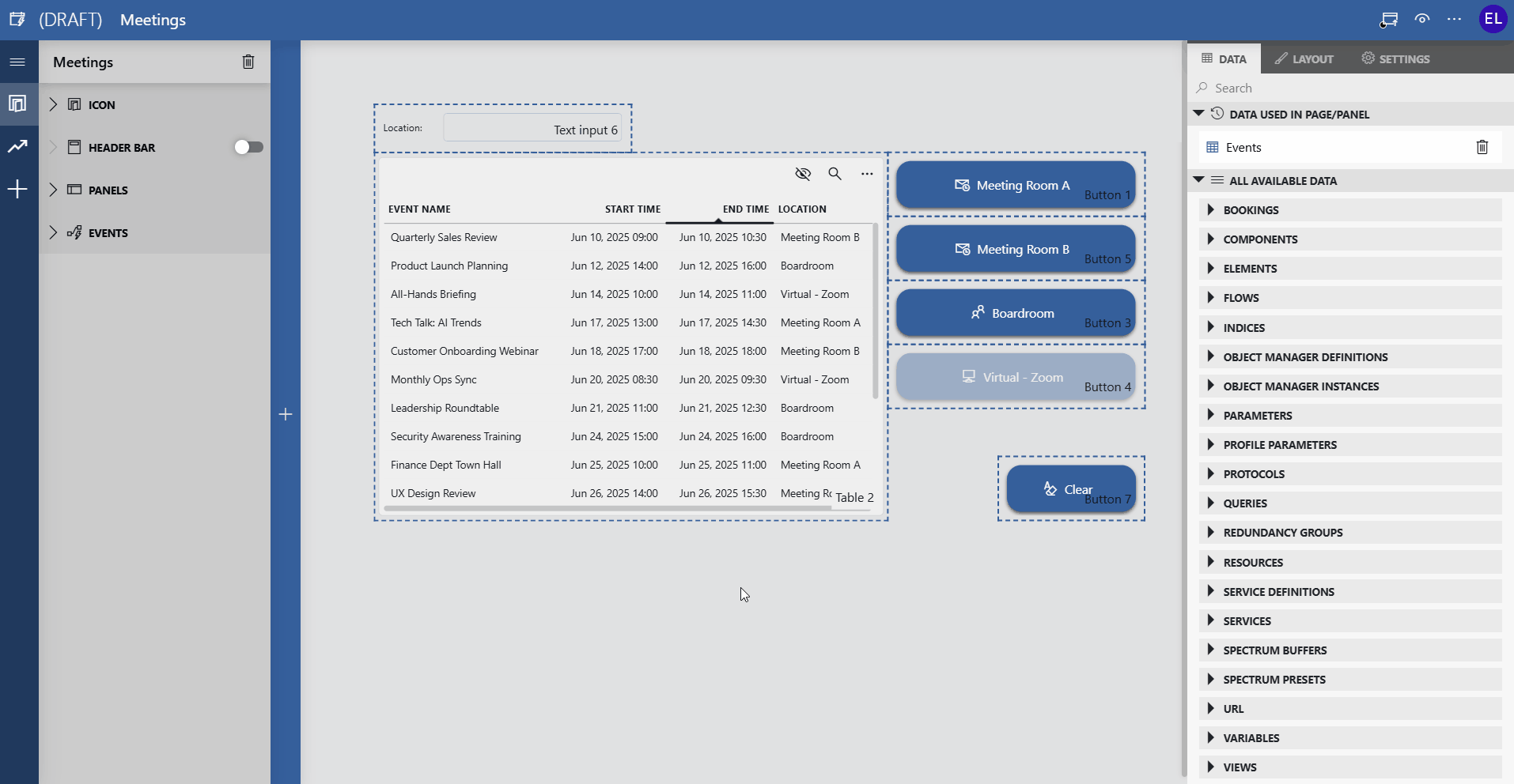 Configuring an action that is triggered when a button is clicked that sets the value of a text input component and works as a filter for a linked table component