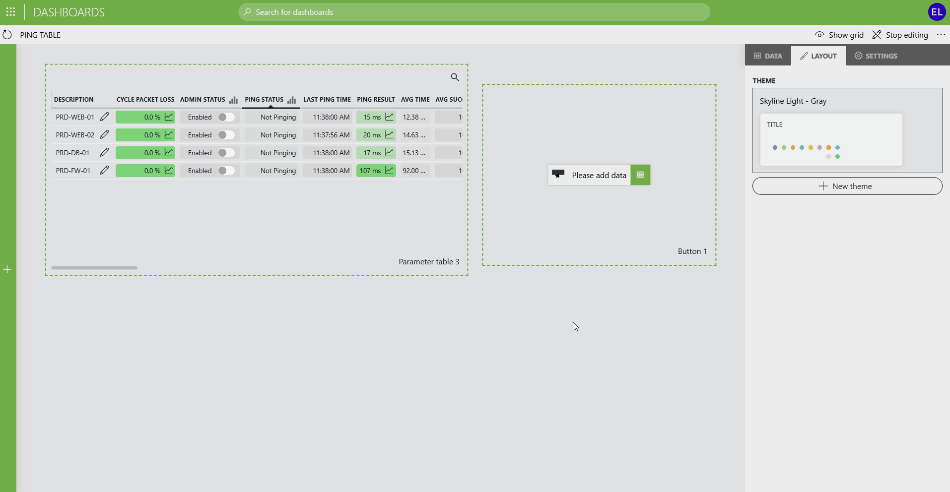 A button connected to parameter data: clicking the buttons enables or disables all ping targets or adds a new ping target, which updates the parameter table in real time.