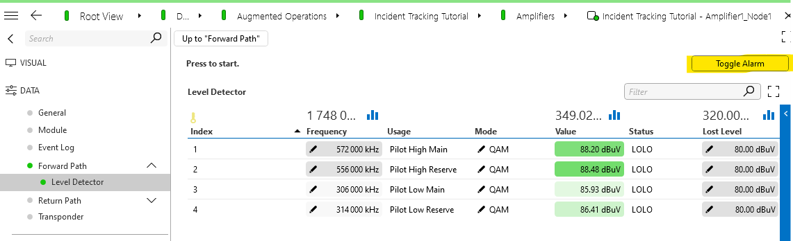 Set an amplifier in alarm