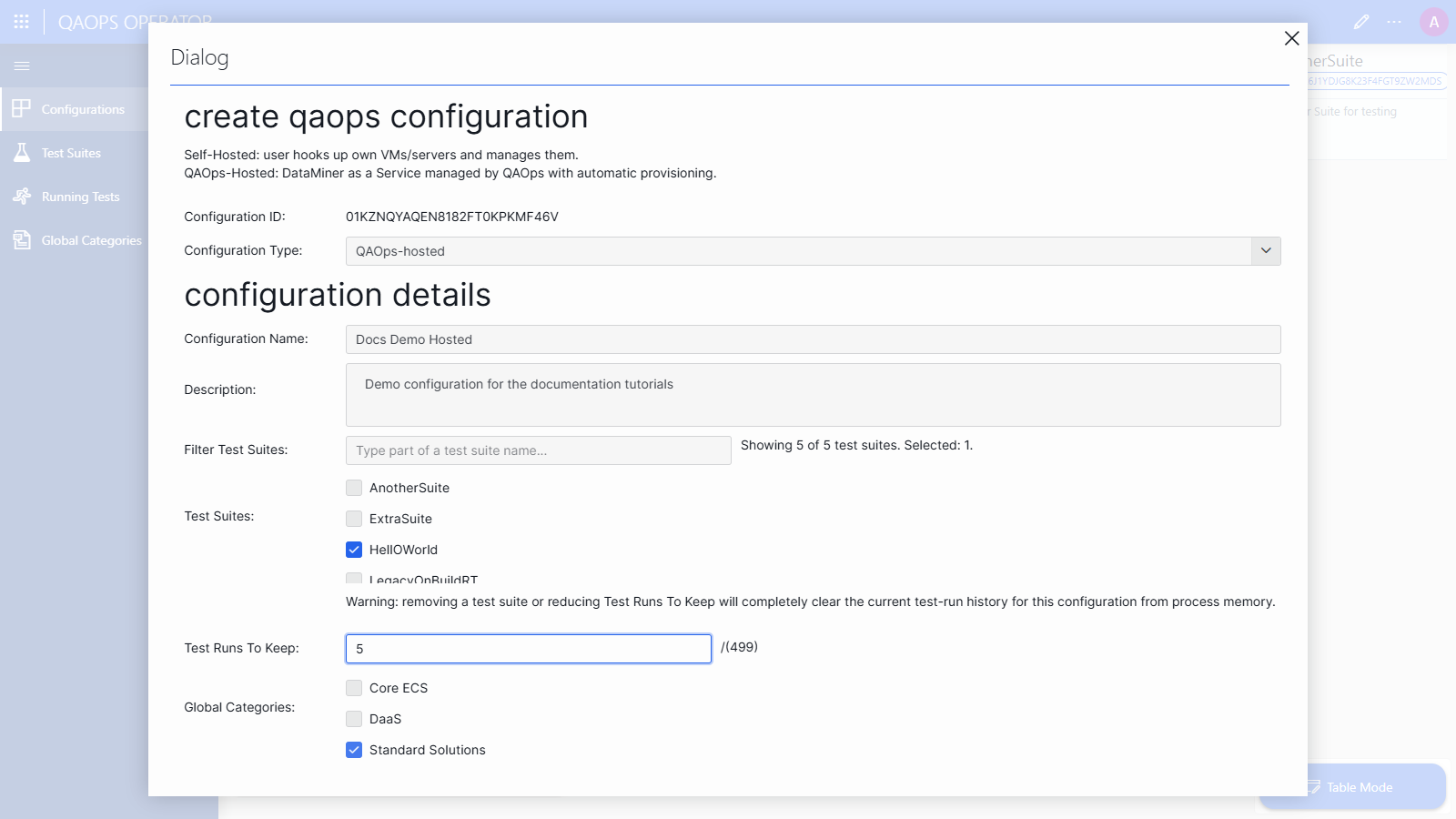 Create Configuration dialog with basics filled in