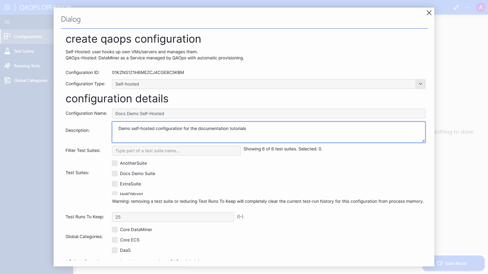 Create dialog for a self-hosted configuration