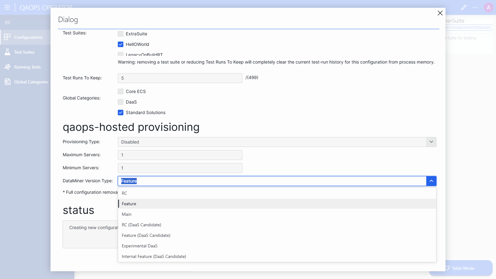 DataMiner Version Type dropdown
