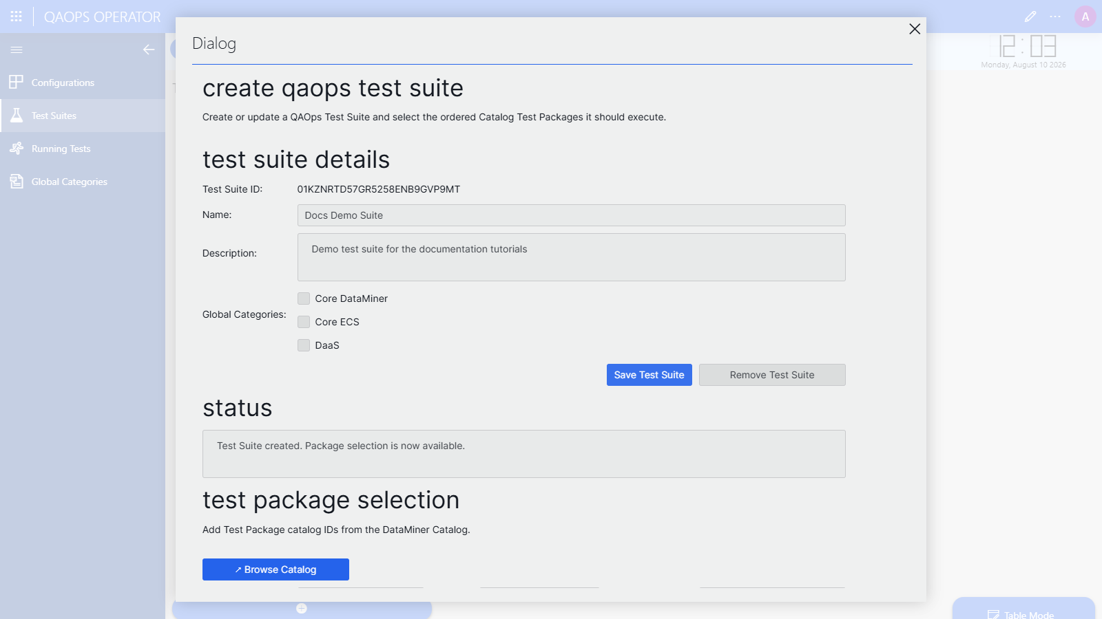 Test suite created status