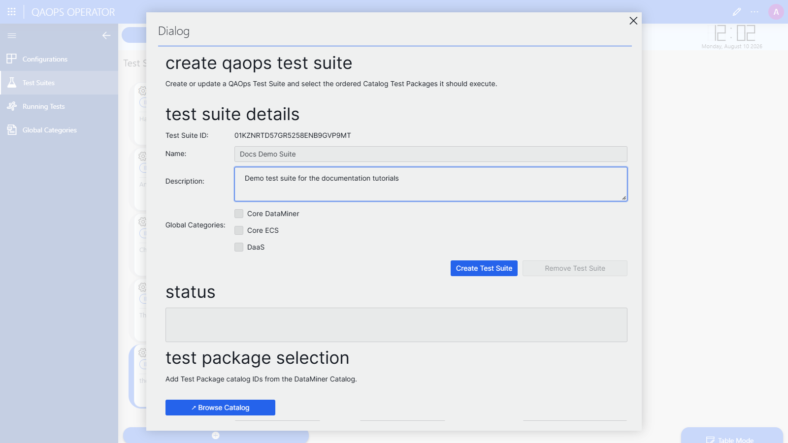 Create Test Suite dialog filled in