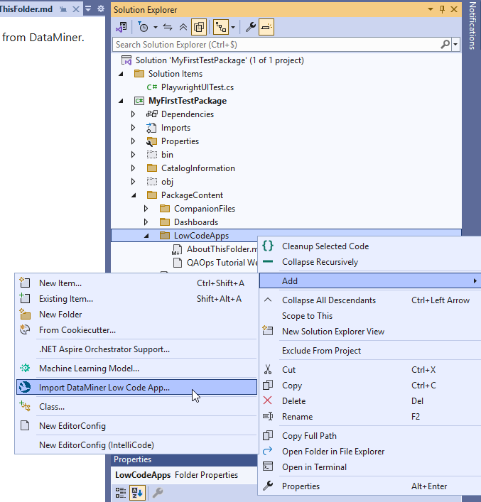 Menu selection to import a low-code app into the test package project