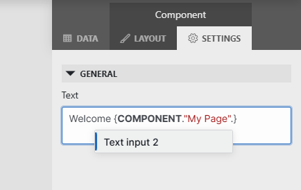 Settings pane for Text component showing how Intellisense helps you choose the next value