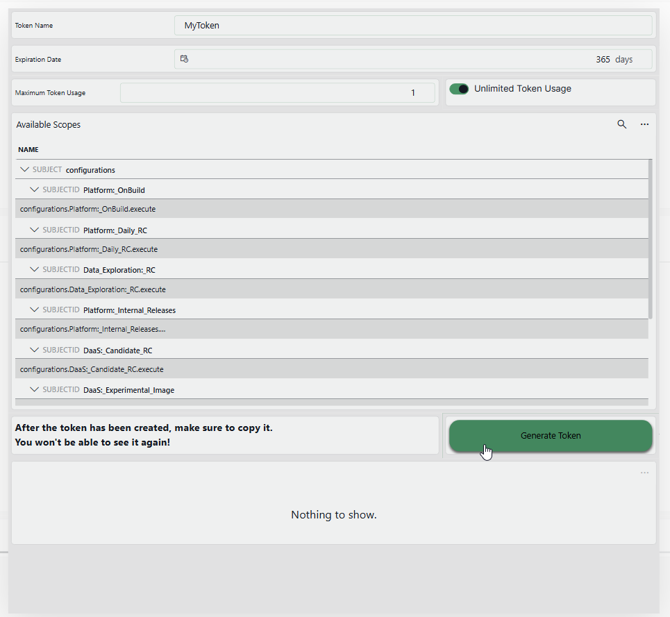 Fields to fill in when creating a token in the QAOps User app
