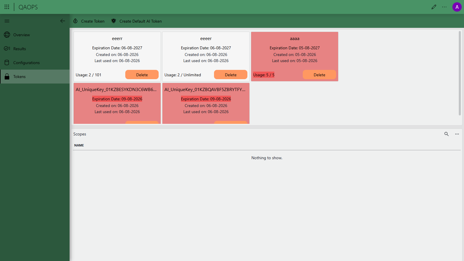 QAOps user tokens page