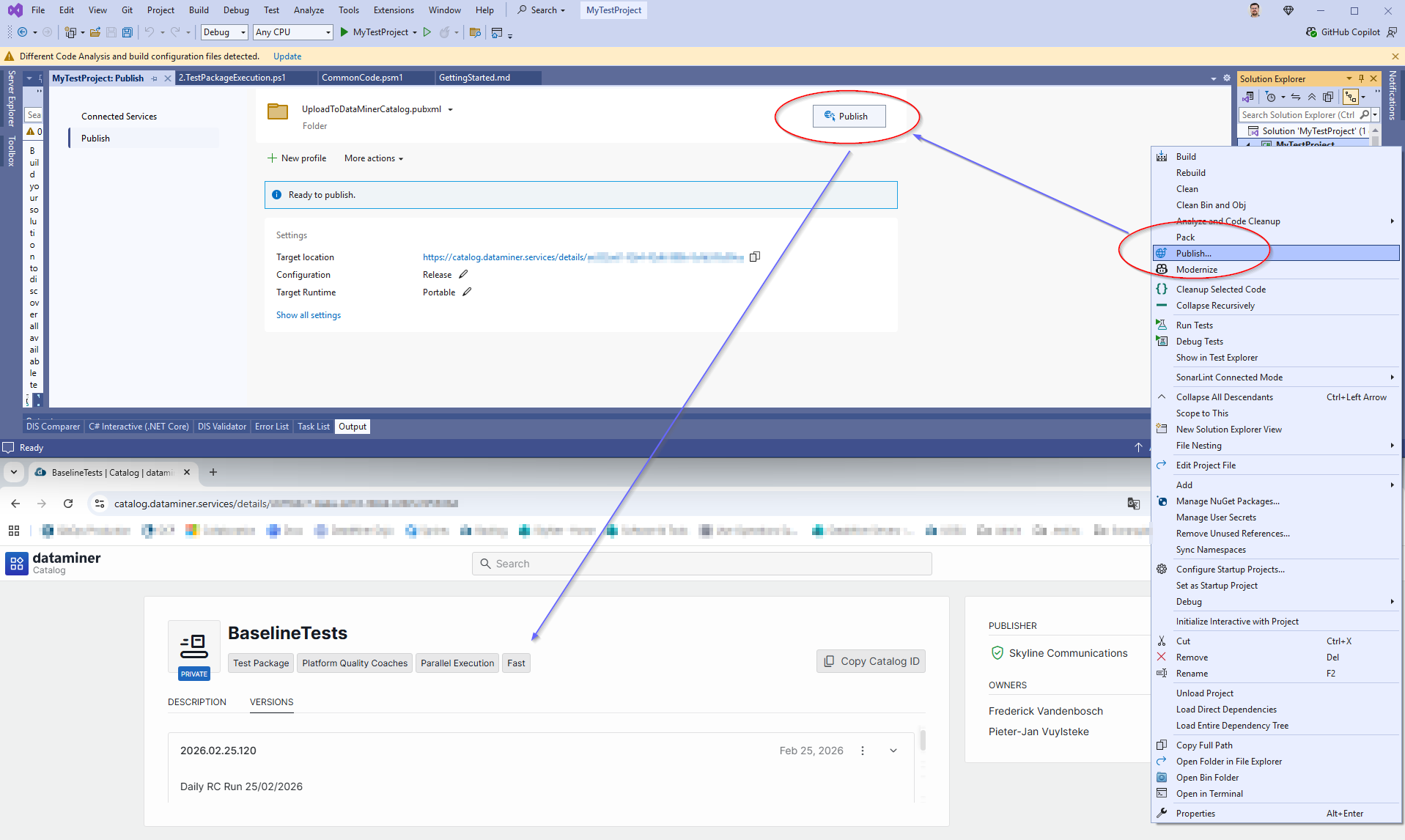 Publish QAOps test package to the DataMiner Catalog from Visual Studio