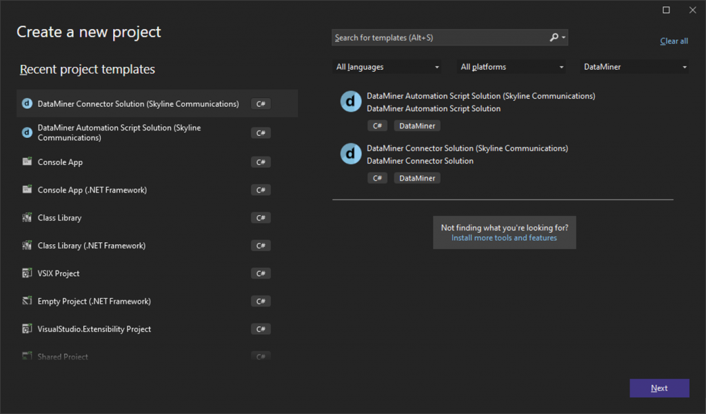 Visual Studio Create a new project window