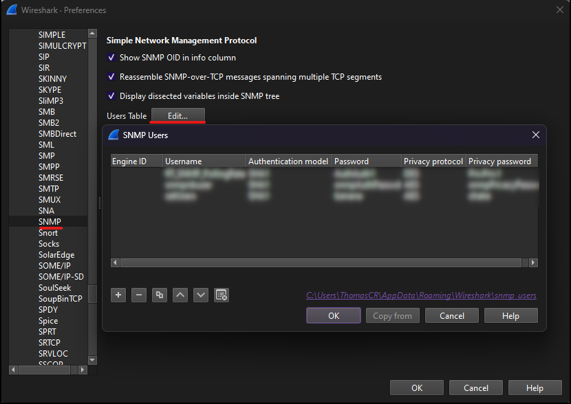 SNMPv3 user credentials in Wireshark preferences